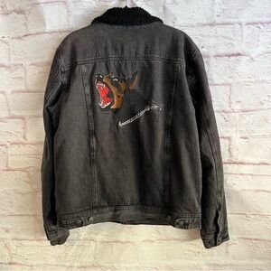 Obey Men's Black Denim Jacket Off The Chain Sherpa Lining Dog On Back Pockets